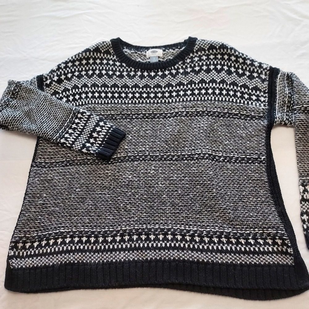 Old Navy Womens Large Black White Fair Isle Intarsia Knit Crew Neck Sweater L